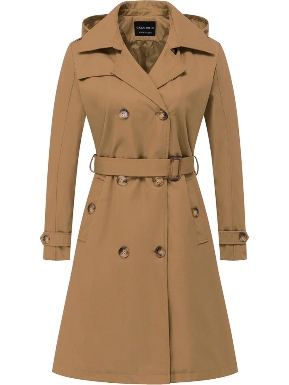 Women Camel Lapel Collar Cuff Sleeve Overcoat Belted Slim Outerwear Trench Coat